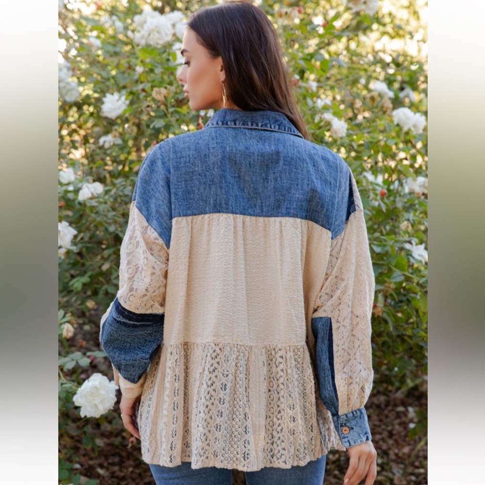 Women's Patchwork Button-Down Shirt in Blue and Cream - Picture 3 of 5